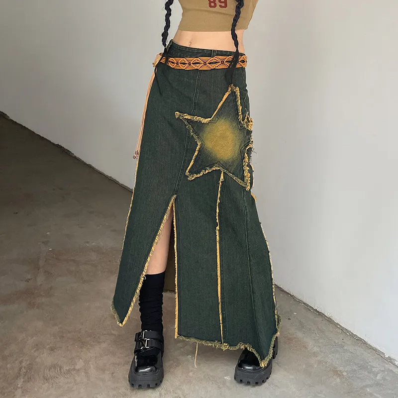 Star Power Fringe Hem Denim Maxi Skirt  Castello Clothing Line   
