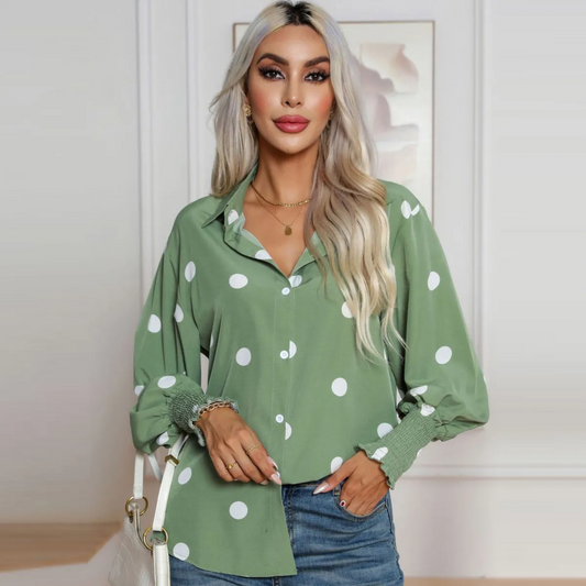 Dotty Days Polka Dot Button-Up Blouse  Castello Clothing Line   