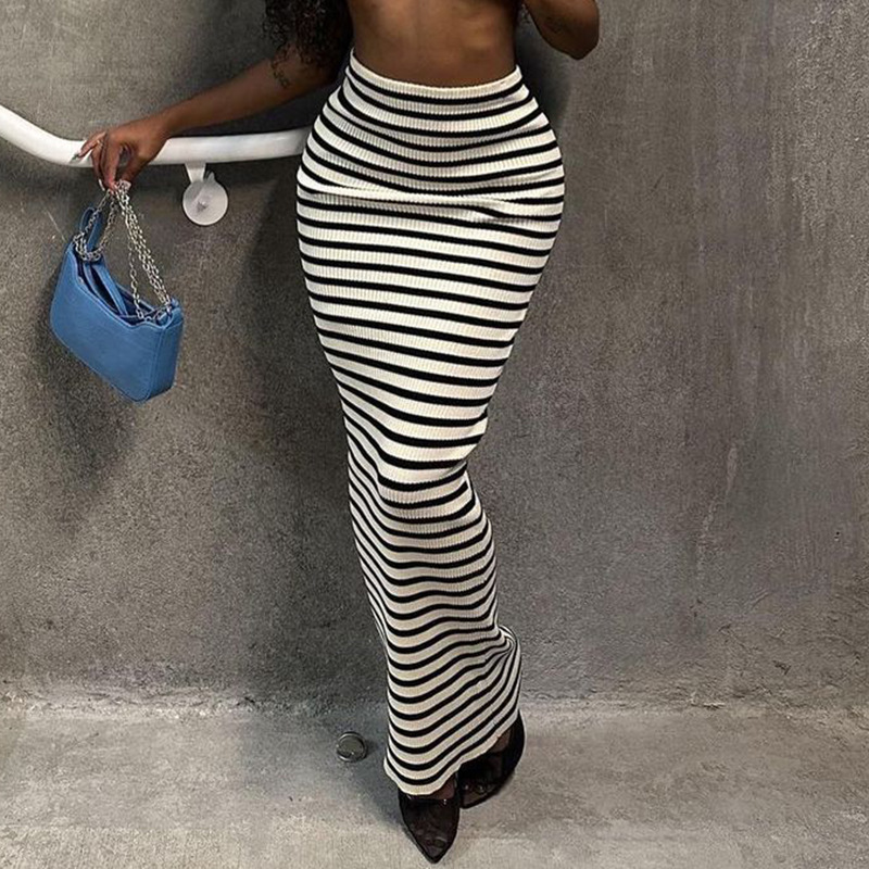 High Waist Striped Maxi Skirt - Knitted, Hip Hugging - Polyester/Spandex  Castello Clothing Line   
