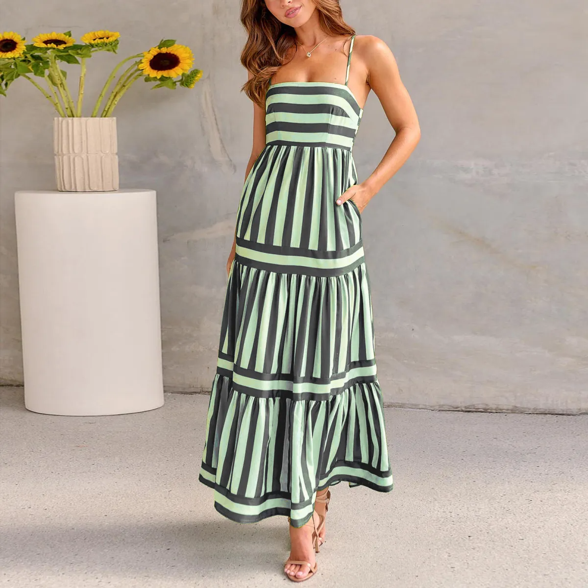 Seren Striped Smocked Tiered Pocketed Maxi Dress maxi dress Castello Clothing Line