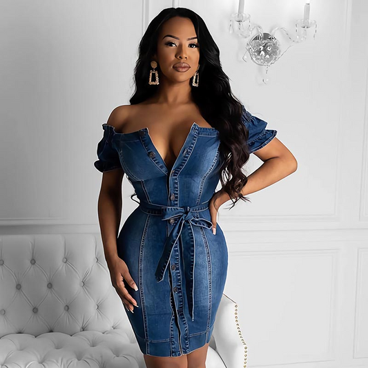 Esme Off-Shoulder Belted Button-Down Denim Bodycon Dress Castello Clothing Line