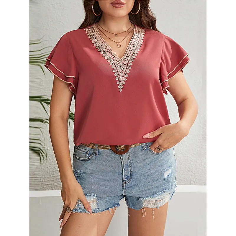 Elysian Plus Size Lace-Trimmed Ruffle Sleeve V-Neck Blouse Castello Clothing Line
