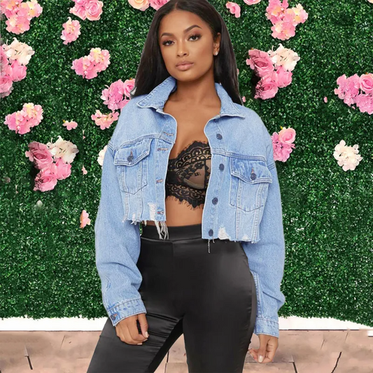 Swagger Cropped Distressed Denim Jacket Castello Clothing Line