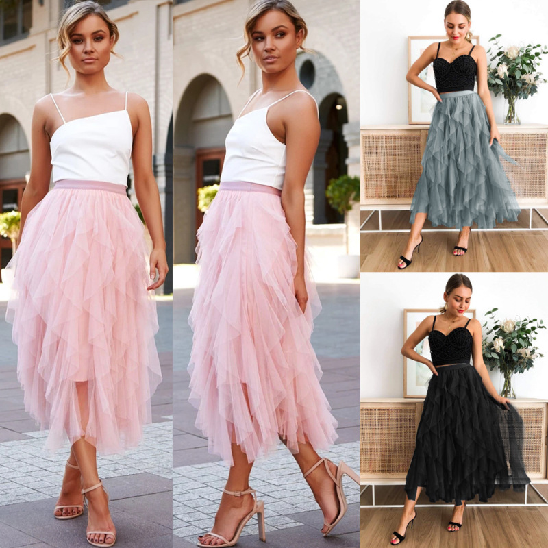 High Waist Maxi Skirt with Layered Mesh Lace  Castello Clothing Line   