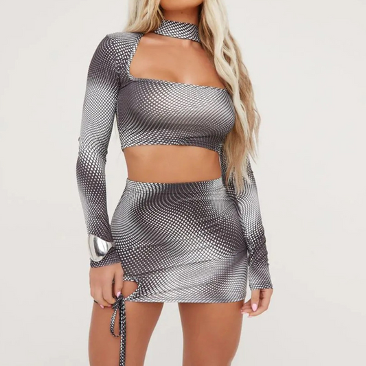 Cut Out Crop Top & Skirt Set - Long Sleeves, Polyester/Milk Fiber/Spandex Blend  Castello Clothing Line   