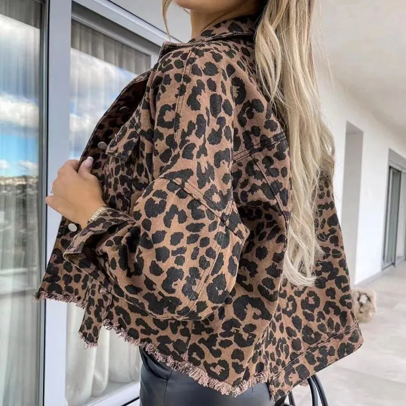 Savanna Animal Print Button-Up Cropped Denim Jacket Castello Clothing Line