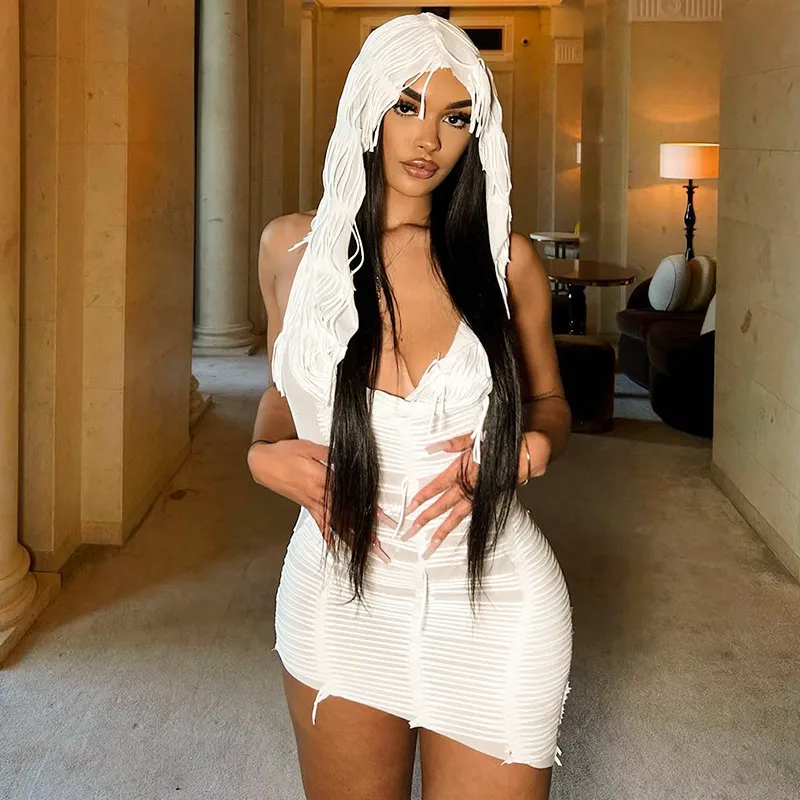 Cressida Hooded Open-Back Sheer Mesh Mini Dress mini dress Castello Clothing Line