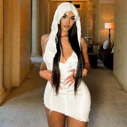 Cressida Hooded Open-Back Sheer Mesh Mini Dress mini dress Castello Clothing Line