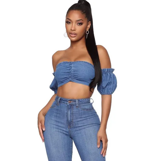 Lyric Denim Off-Shoulder Ruched Crop Top  Castello Clothing Line   
