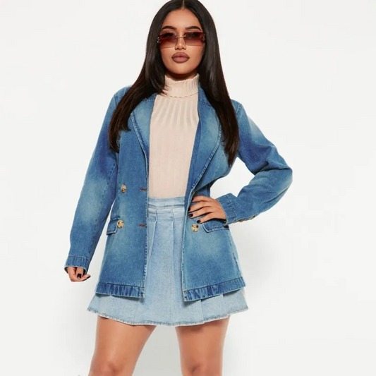 Prestige Double-Breasted Tailored Denim Blazer Jacket Castello Clothing Line
