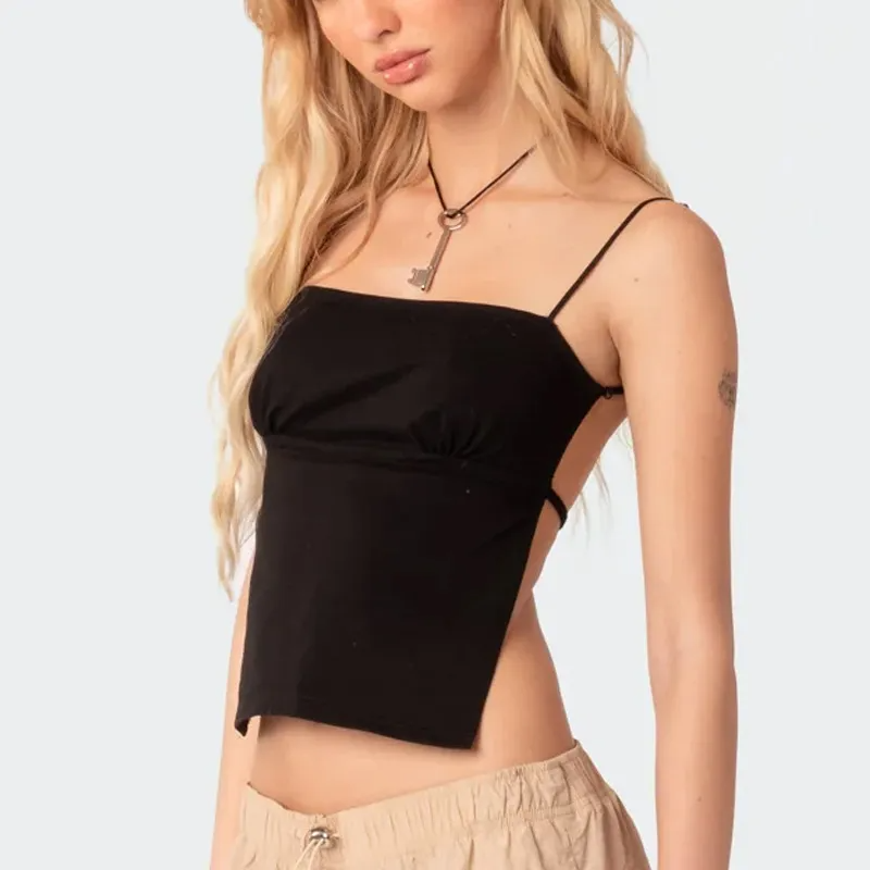 Strappy Sensation Open-Back Tie Crop Top  Castello Clothing Line   