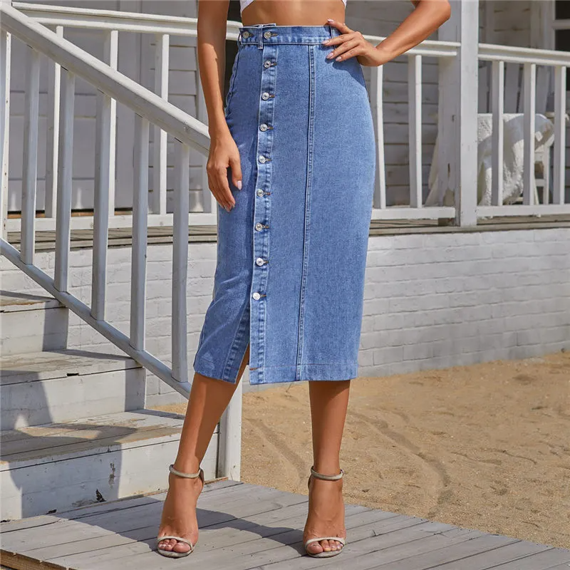 Button Up & Go Slit Denim Midi Skirt  Castello Clothing Line   