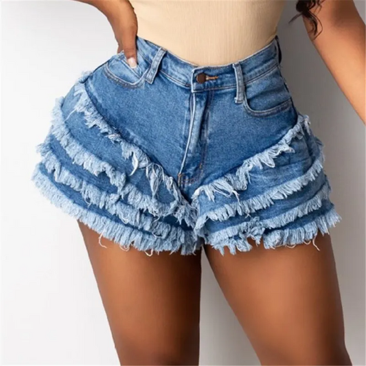 Rave High-Waist Layered Fringe Denim Shorts  Castello Clothing Line   
