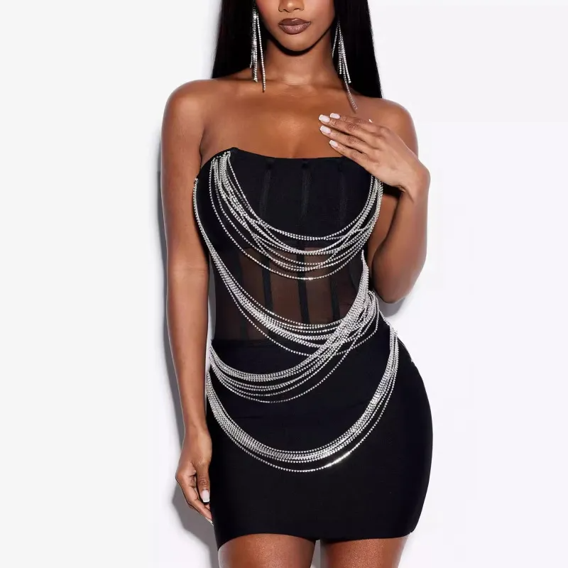 Zylar Strapless Mesh Rhinestone Chain Bodycon Mini Dress Castello Clothing Line