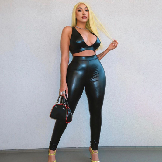 Faux Leather Crop Top and Pants Set  Castello Clothing Line   