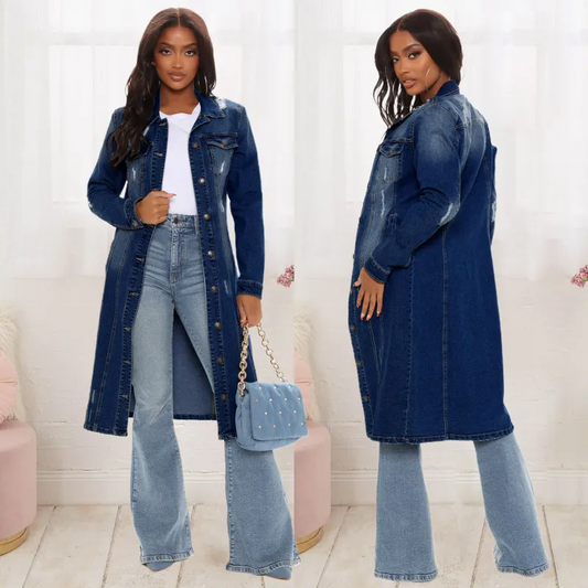 CityStride Distressed Longline Button-Up Denim Duster Jacket Castello Clothing Line