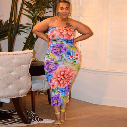 Plus Size Floral Tube Dress - Slim Fit, Polyester/Fiber Blend  Castello Clothing Line   