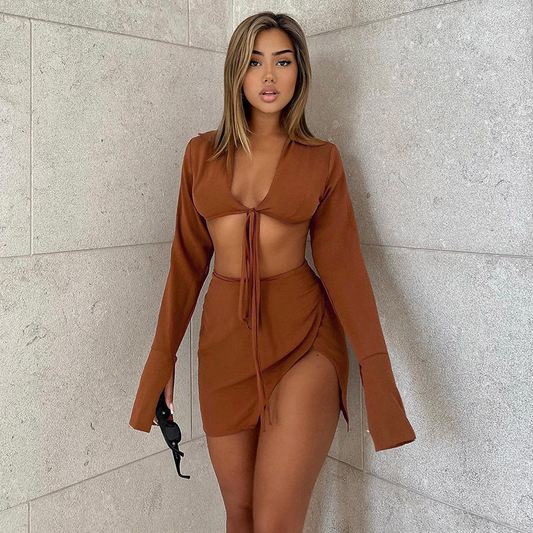 Cropped Tie Top & Short Skirt Set - Long Sleeve & Front Slit - Polyester/Fiber Blend  Castello Clothing Line   