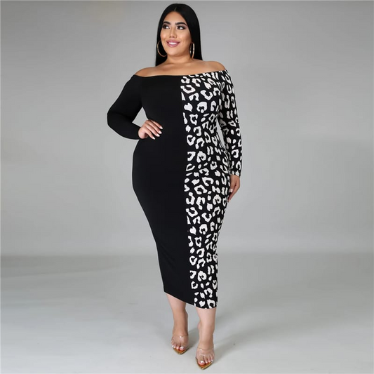 Plus Size Off Shoulder Color Block Bodycon Dress - Long Sleeves, Slim Fit - Polyester/Fiber Blend  Castello Clothing Line   