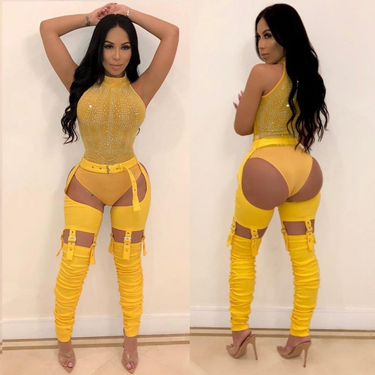 Nyra Cutout Buckle Strap Ruched Skinny Pants pants Castello Clothing Line