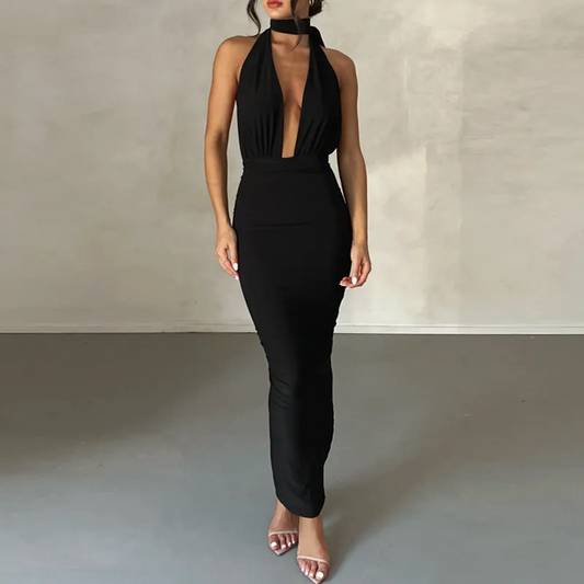 Zadea Plunge Halter Backless Ruched Maxi Dress maxi dress Castello Clothing Line
