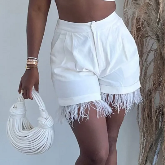 FeatherLuxe High Waist Tailored Feather Trim Shorts  Castello Clothing Line   