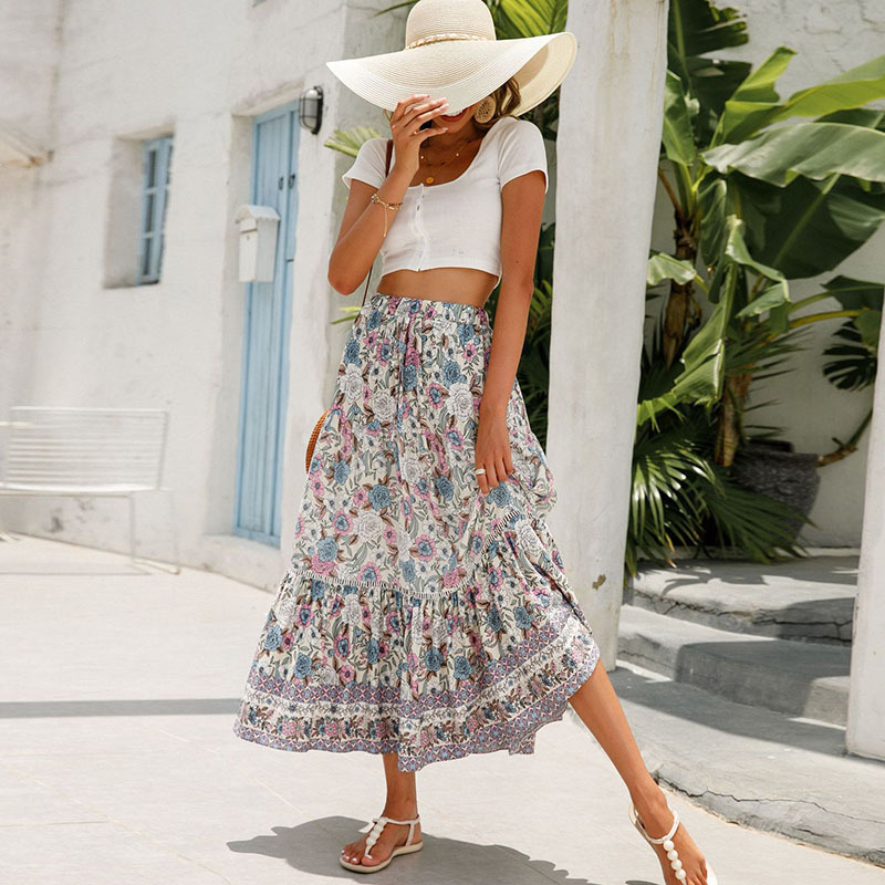 High Waist Floral Maxi Skirt with Stretch Waist Band - Breathable Polyester/Spandex Blend  Castello Clothing Line   