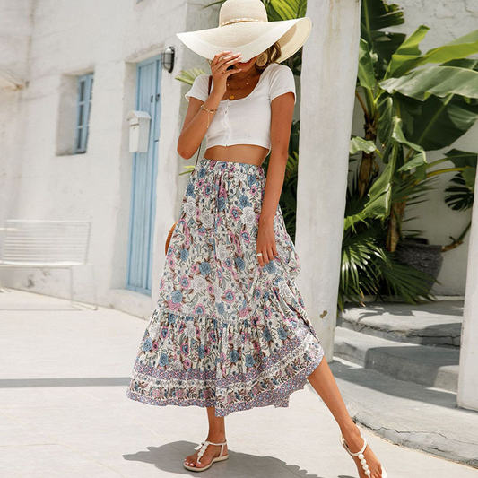 High Waist Floral Maxi Skirt with Stretch Waist Band - Breathable Polyester/Spandex Blend  Castello Clothing Line   