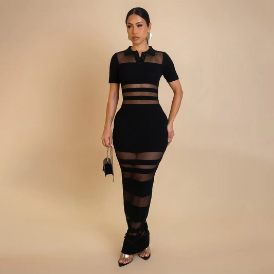 Zadie Sheer Mesh Panel Fitted Maxi Dress maxi dress Castello Clothing Line