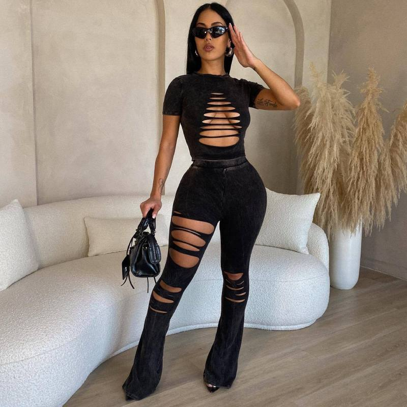 Cut Out Sleeve Top & Long Pants Set - Polyester/Spandex  Castello Clothing Line   