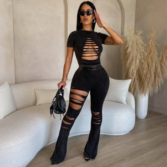 Cut Out Sleeve Top & Long Pants Set - Polyester/Spandex  Castello Clothing Line   
