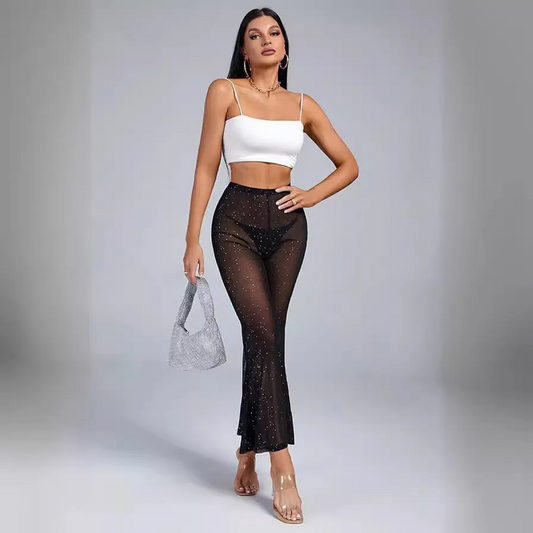 Riven High-Waisted Sheer Glitter Flare Pants Castello Clothing Line