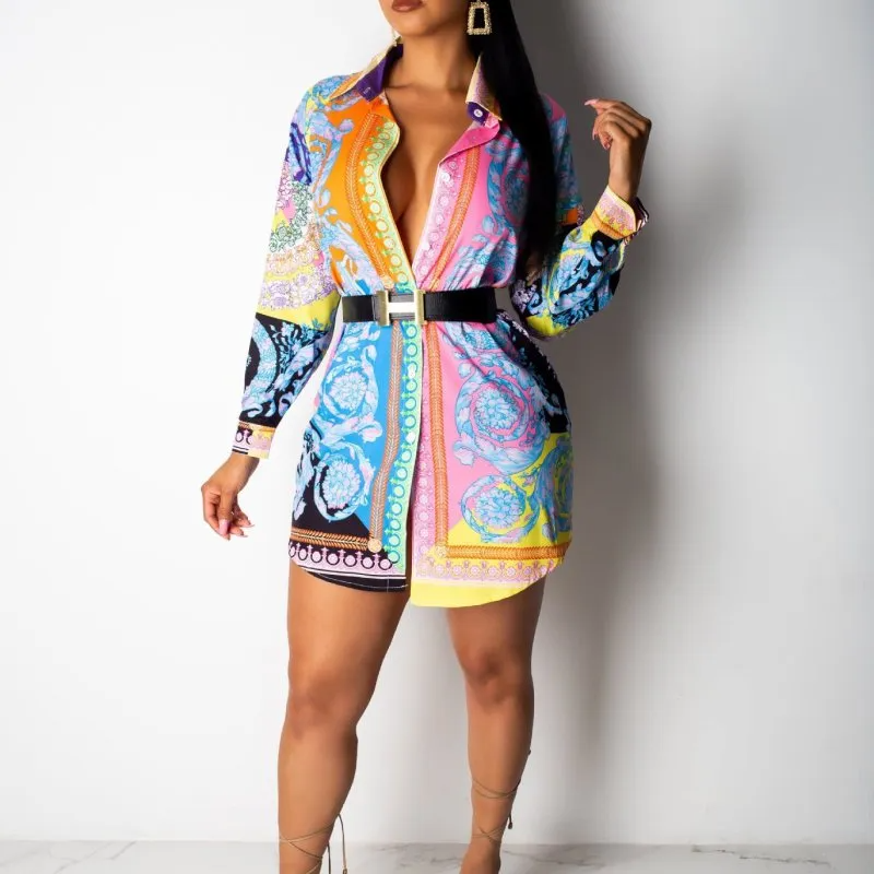 Vivienne Belted Long Sleeve Printed Mini Shirt Dress mini dress Castello Clothing Line
