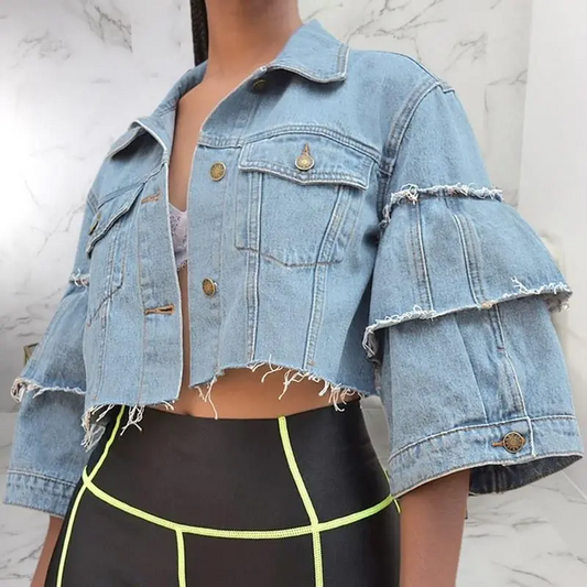 Vandal Ruffle Sleeve Frayed Hem Cropped Denim Jacket Castello Clothing Line