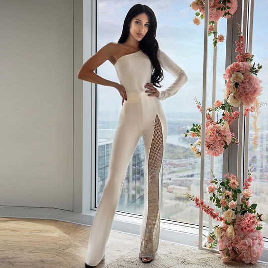 Taliah High-Waisted Side Mesh Panel Flared Pants Castello Clothing Line