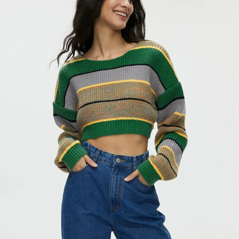 Wildline Striped Knit Cropped Long Sleeve Sweater Castello Clothing Line