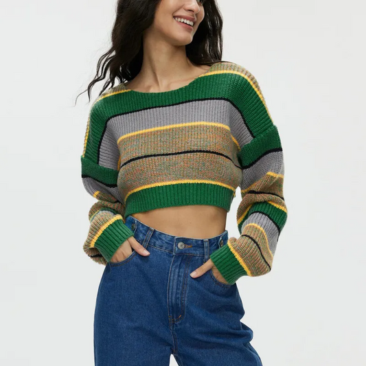 Wildline Striped Knit Cropped Long Sleeve Sweater Castello Clothing Line