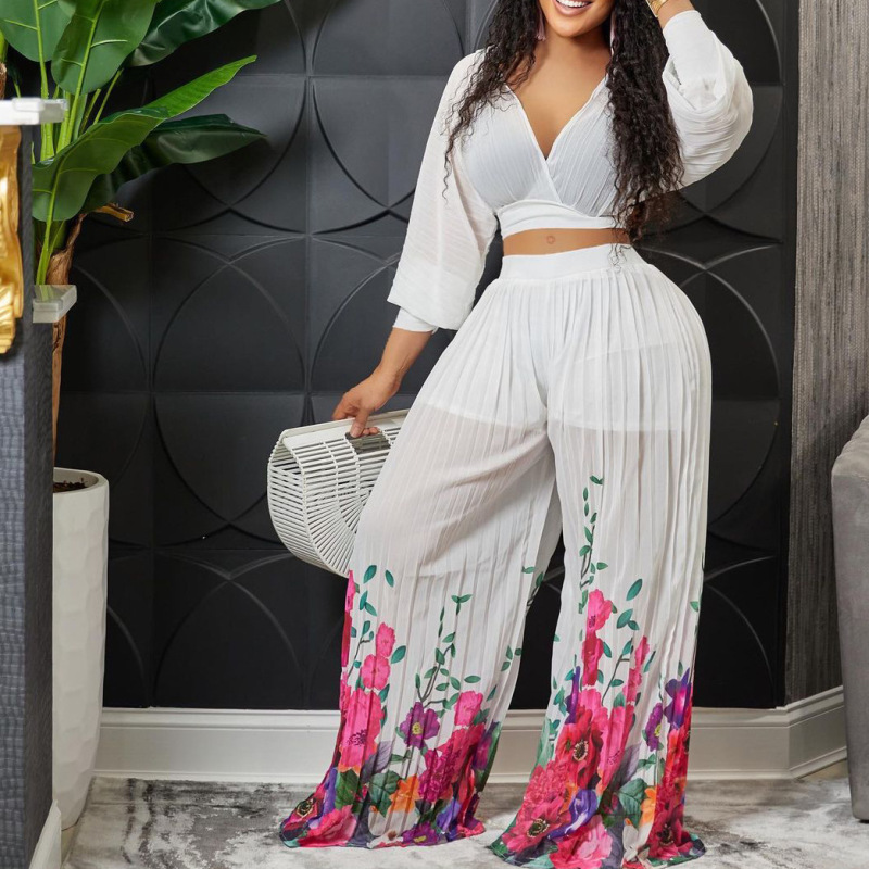 Chiffon Long Sleeve Top and Wide Leg Pants Set  Castello Clothing Line   