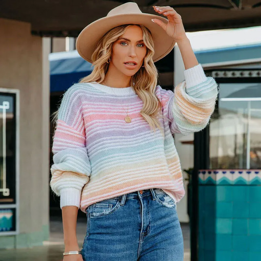 Dream Scene Striped Crew Neck Long Sleeve Knit Sweater Castello Clothing Line