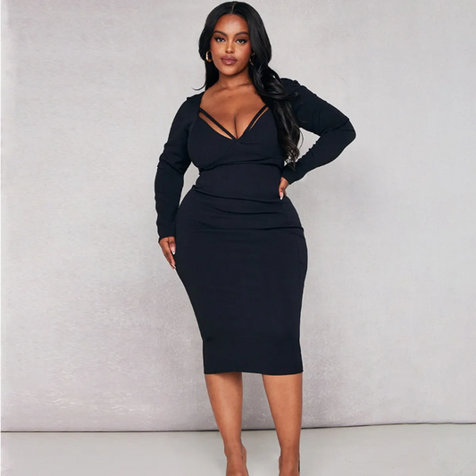 Bree Plus Size V-Neck Long-Sleeve Bodycon Midi Dress midi dress Castello Clothing Line
