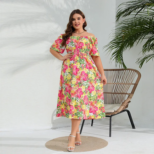 Gina Plus Floral Off-Shoulder Flowy Midi Dress midi dress Castello Clothing Line