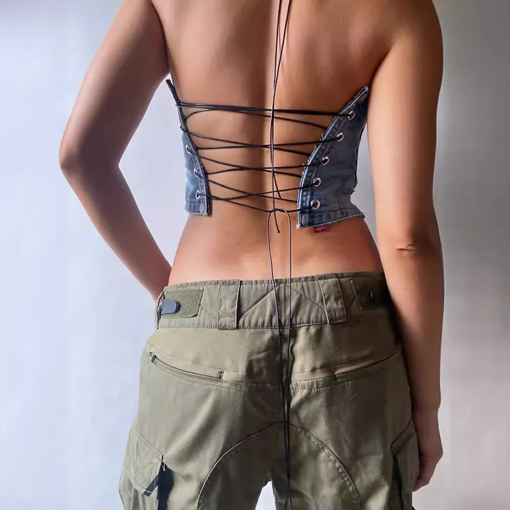 Rouge Denim Lace-Up Halter Corset Top Castello Clothing Line