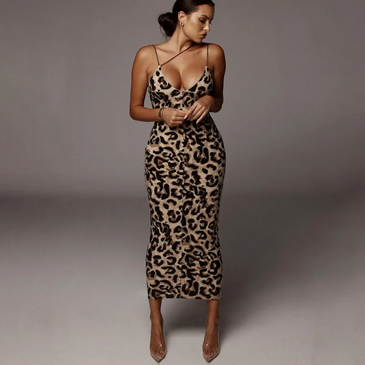 Rue Leopard Print Spaghetti Strap Bodycon Midi Dress midi dress Castello Clothing Line