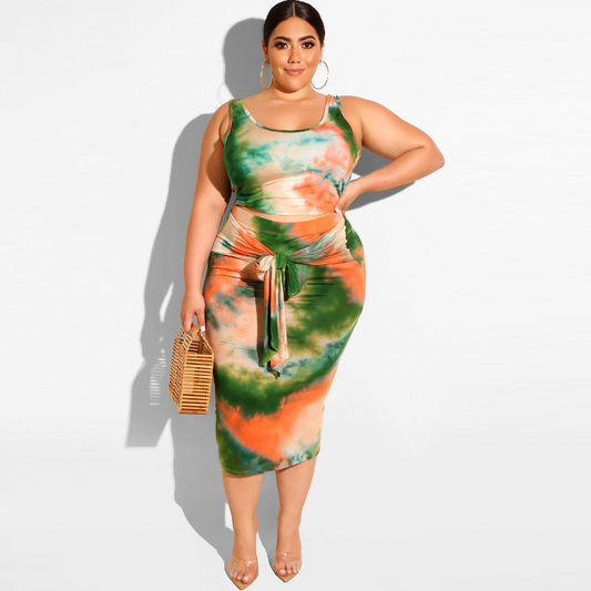 Plus Size Tie Dye Tank Top & Skirt Set - Sleeveless & Front Tie Midi Skirt in Polyester  Castello Clothing Line   