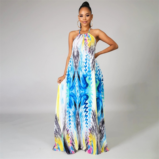 Ariella Halter Tie-Back Abstract Print Flowy Maxi Dress maxi dress Castello Clothing Line