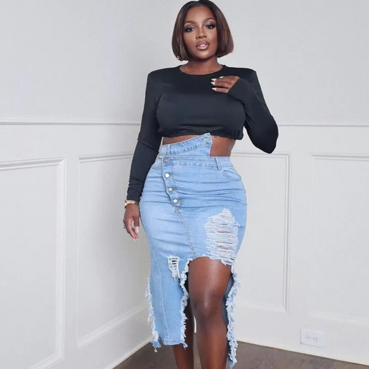 Fierce Fray Button-Up Slit Denim Skirt  Castello Clothing Line   