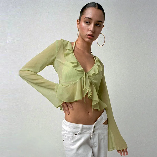 Flirty Ruffle Tie-Front Mesh Top  Castello Clothing Line   