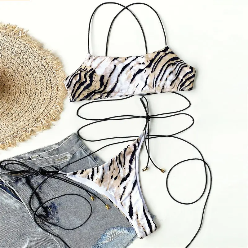 Leopard Print Strappy Bikini Set  Castello Clothing Line   