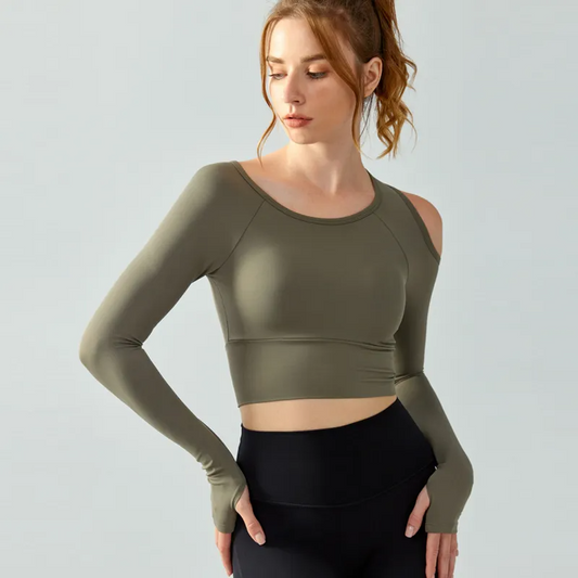 Reina Asymmetrical Long Sleeve Cutout Stretch Crop Top workout tops and t-shirts Castello Clothing Line