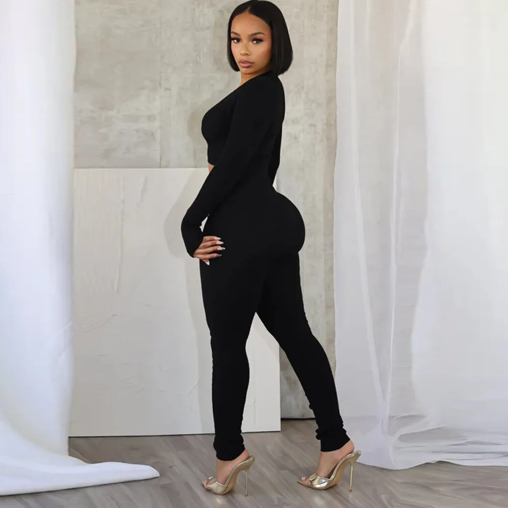 Fifi Long Sleeve Ribbed Cutout Bodycon Jumpsuit women jumpsuits Castello Clothing Line